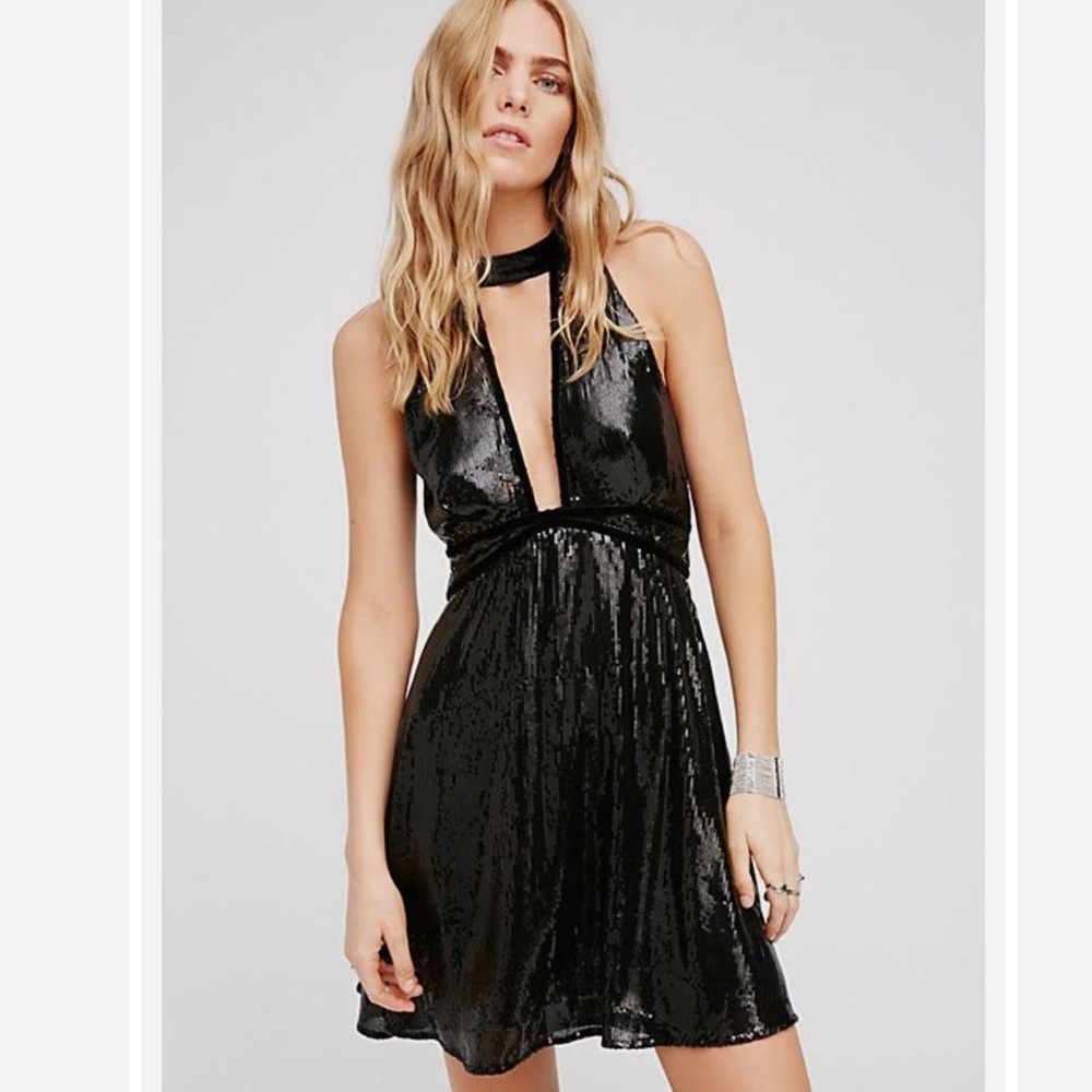 Free People Black Sequin Halter Mini Dress